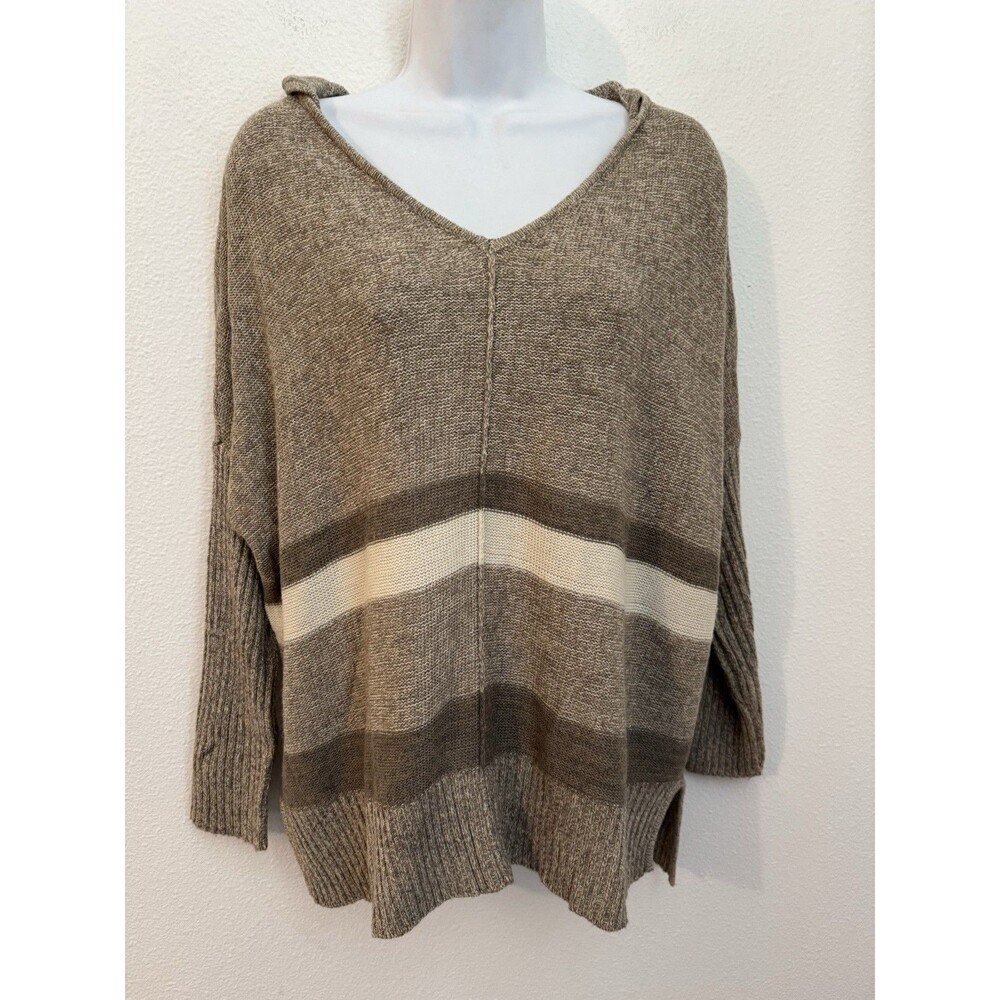 Quinn Sweater Hoodie Cotton Blend V Neck Slouchy Beige Stripe Beach Coastal M